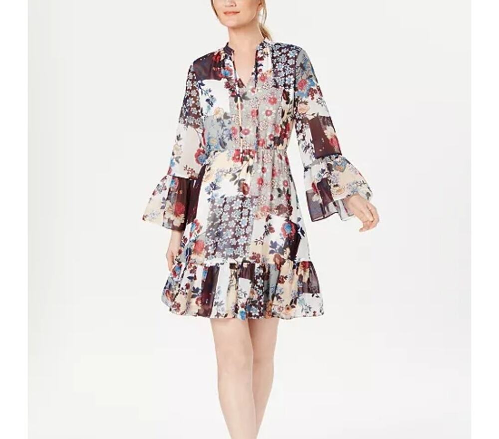 Calvin Klein Sz 4 Fall Tones Patchwork Floral Fit & Flare Chiffon Dress